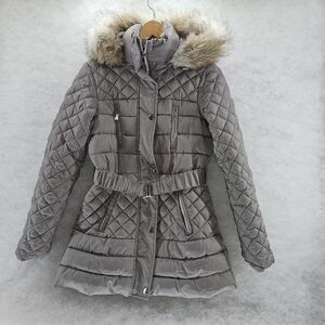 Victoria's Secret Quilted Puffer Winter‎ Jacket Grey Belted Fur Hood XSmall Y2K